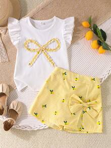 Elladie kids Girls' Lemon Print Yellow White Plaid 2-Piece Set, Round Neck Flutter Sleeve T-Shirt High Waist A-Line Skort, Casual Cute Vacation Summer Outfit - Yellow - View 4