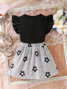 Elladie kids Mädchen Frühling/Sommer Schwarz gestricktes Rundhals T-Shirt mit Rüschenärmeln und gestreifter Vorderseite & Schwarz gewebter einfarbiger Rock mit halber elastischer Taille und 2 Schleifen-Dekor 2 Stücke Set, geeignet für Frühling/Sommer Alltagskleidung, Reisen, Urlaub, Party - Schwarz - Übersicht 3