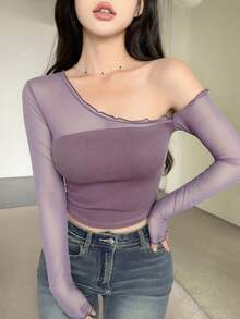 DAZY 女士网眼拼接不对称肩部长袖修身上衣外出上衣 - 紫色 - 查看 5