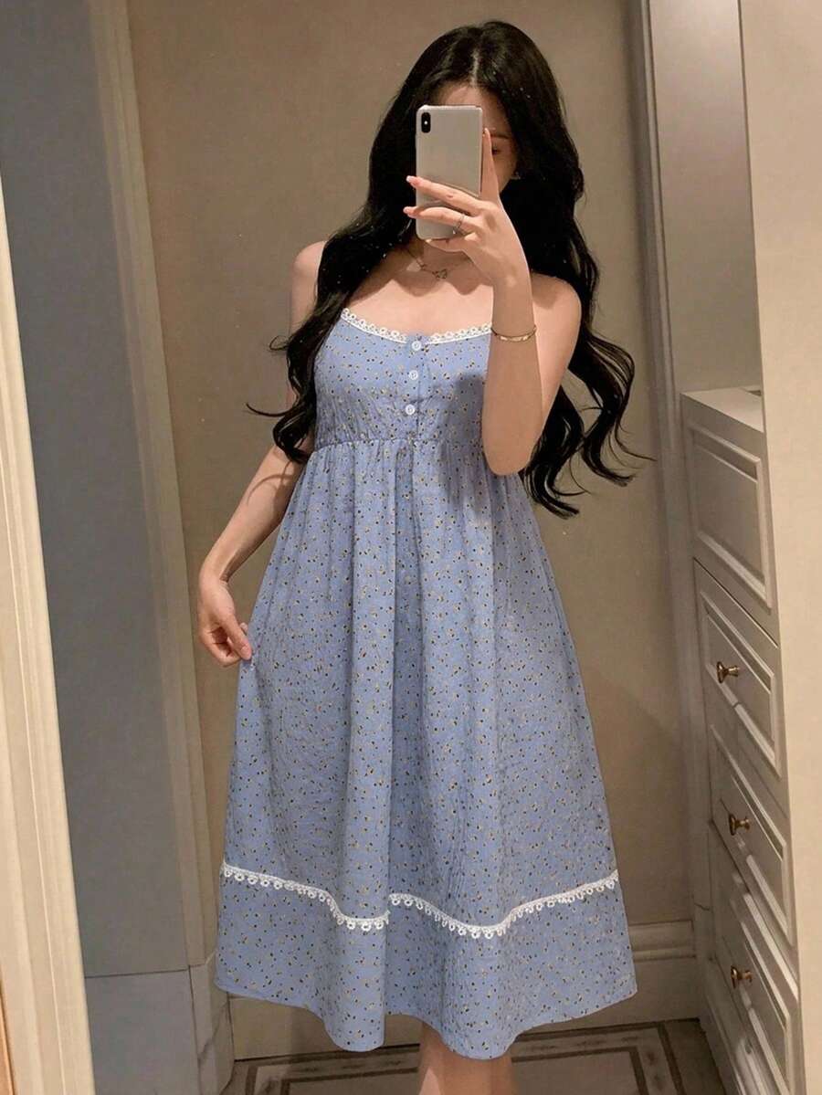 DAZY Floral Pattern Lace Patchwork Sleeveless Spaghetti Strap Cinched Waist Nightgown Women's Loungewear Dress Pajamas - Blue - View 1