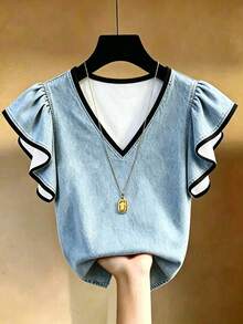 Franclia Atasan Wanita Kasual Musim Panas Motif Denim dengan Hiasan Ruffle - Biru - View 3