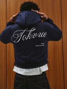 TOKVUE Sudadera con capucha con cremallera y bolsillos con letras bordadas para hombre - Azul Marino - Ver 8