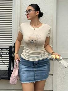 Dazy Plus Spring Summer Plus Size Women's Fitted Slim Fit Cute Cat Pattern Animal Print Cap Sleeve White T-Shirt Graphic Tees - Beige - View 5