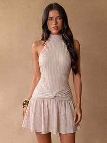 SHEIN BAE Dusty Pink Textured Waist Ruched A-Line Mini Dress Suitable For Day Party Night Out Date Night Vacation Music Festival Shiny Glamorous Elegant Sexy - Apricot - View 1