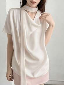 DAZY Women's Summer Elegant French Solid Color Cowl Neck Blouse Teachers' Day Brunch Office Tea Party Off-White - White - View 4