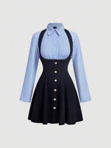 SHEIN MOD 2-In-1 Striped Long Sleeve Shirt Dress, Navy Blue - Blue - View 2