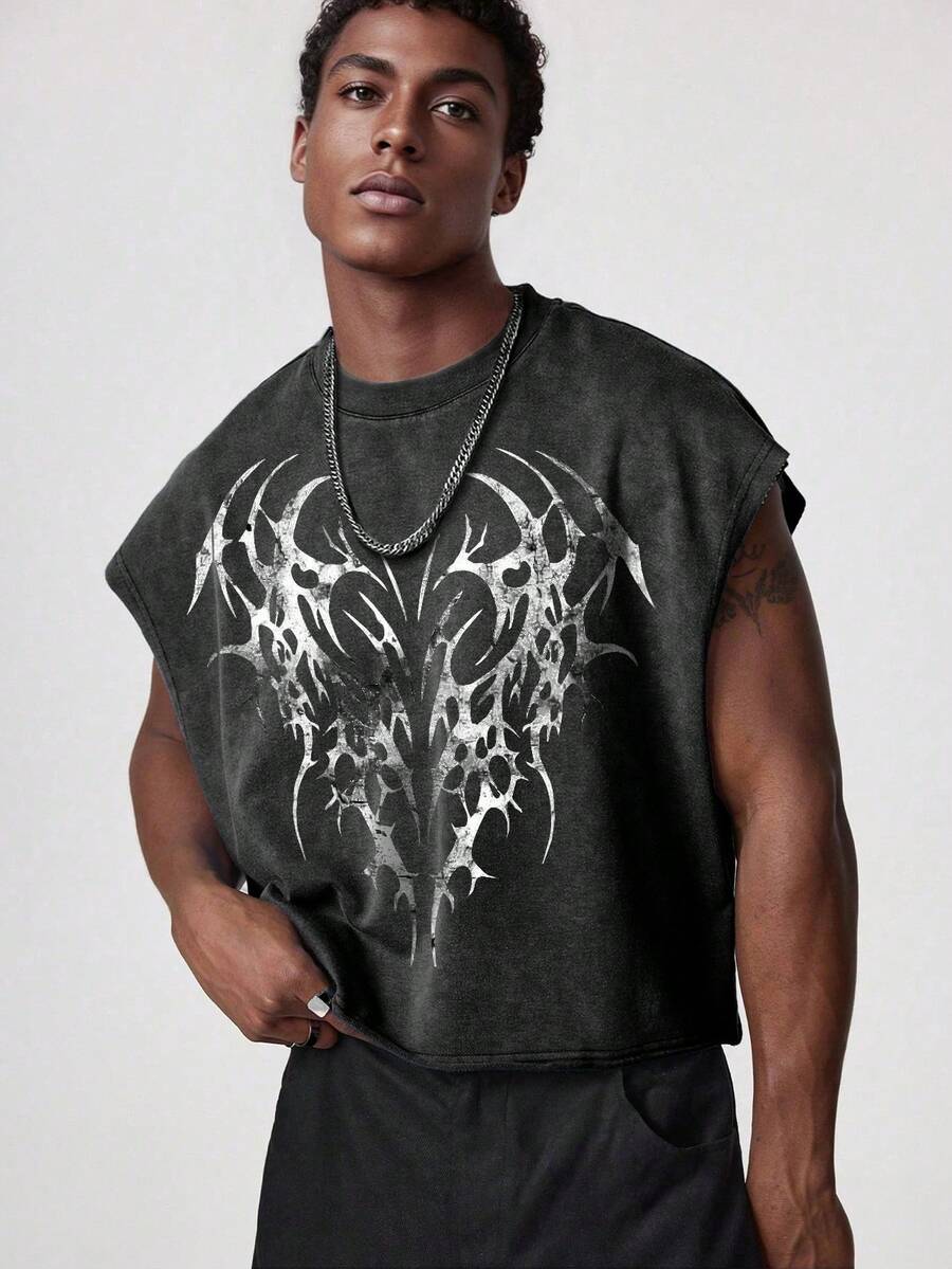ROMWE MEN Tank Top Pria Ukuran Besar dengan Motif Cuci Salju, Potongan Longgar, dan Motif Cetak - Hitam - View 1