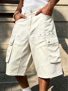 Manfinity Roghcode Men's Cargo Pocket Casual Street Denim Straight Leg Shorts Holiday Work White Summer - Beige - View 3