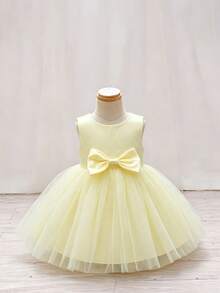 Glamorique Kids 女嬰淺黃色無袖薄紗禮服 深V露背 大尺寸可愛優雅蝴蝶結 正式洋裝 適合1歲生日、婚禮花童、洗禮、夏季 - 黃色 - 查看 2
