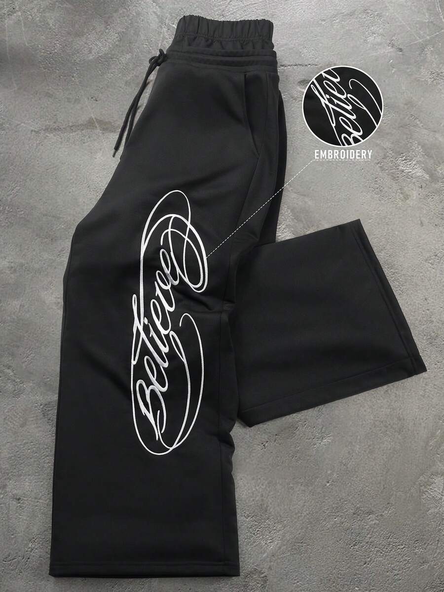 PAVTROS Men's Letter Embroidered Double Waistband Sweatpants - Black - View 1