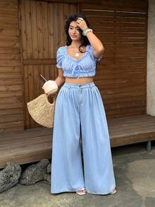Sunnyshic Women's Plus Size Light Blue Wide Leg Jeans, Casual Pleated Design, Slimming High Waist Loose Drape Floor Length Pants - Light Wash - View 5