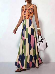 Zivah Neues Sommer Boho Urlaubs-Maxikleid für Damen, locker geschnitten, mehrfarbig mit geometrischem Retro-Muster, Rundhalsausschnitt, ärmellos, A-Linie, geeignet für Alltag, Urlaub, Musikfestivals, Reisen, Strand, Party, Flughafen-Outfits, Brunch-Outfits, Boho, Nomadisch, Casual, Pendeln, Abschlussfeier-Outfit, Country-Konzert-Outfit-Z - Verschiedenfarbig - Übersicht 4