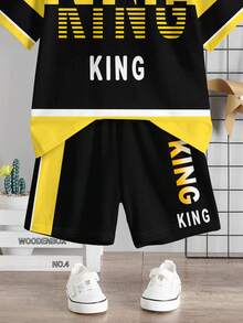 Young Boy Casual Minimalist T-Shirt Set, Classic Color Block Patchwork Pattern Print, Classic Gradient King Text Pattern Print, Suitable For Spring/Summer, Suitable For Campus - Multicolor - View 5