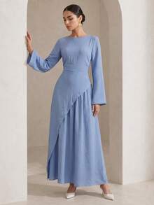 Graceveil Women Spring Autumn Textured Wrinkle Cinched Waist Maxi Dress Round Lantern Sleeve Metal Decor Gown For Daily Outing Date Sisters Gathering - Blue - View 4