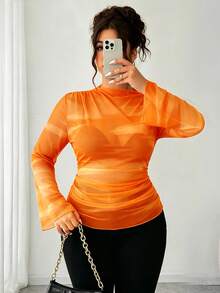 Elenzga Plus Size Women's Vintage Elegant Fitted Ruched Semi-Sheer Gradient Print Mesh Elastic Long Sleeve Base Layer T-Shirt Blouse, Spring/Autumn Outerwear - Orange - View 7