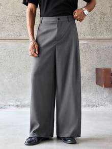 ESTAVOR Men's Solid Color Button Pocket Pleated Loose Casual Pants, Wide Leg,For Spring And Autumn - Grey - View 3