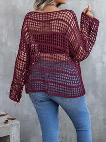 Elenzga Plus Size Women Spring/Autumn Casual Loose Knit Top With One-Word Collar, Hollow Out Sexy Bell Sleeves, Semi-Sheer Black Pullover Sweater - Red Violet - View 2