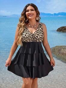 Swim Lushoire Plus Size Women Leopard Print Color Block Tankini Set, Suitable For Beach Vacation Wear - Multicolor - View 3