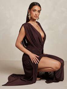 Silquee Sexy Dark Purple Deep V-Neck Long Dress For Summer Luxury Evening For Weddings Night Out Club Elegant For Women Outfits - Coffee Brown - View 7