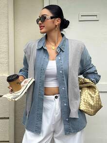 Dazy Plus Washed Distressed Denim Shirt With Collar And Buttons, Loose Casual Street Style Long Sleeve Plus Size Women Spring Summer Autumn - Light Wash - View 2