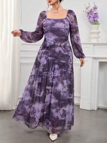 Modelyn Rochie elegantă pentru femei mărimi mari, tie-dye, cu decolteu pătrat, mânecă lanternă, talie și decorațiune metalică - Violet - View 3