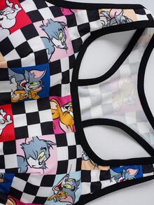 TOM & JERRY X SHEIN Conjunto de Camisole e Calcinha Casual com Estampa Xadrez Feminino - Preto e Branco - Visão 4