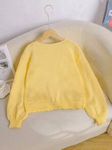 SHEIN 青少年女孩休閒日常百搭舒適開襟衫 秋冬穿搭 - 黃色 - 查看 2
