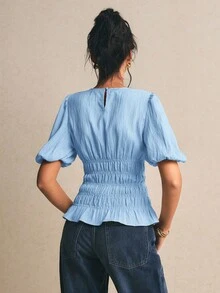 Poéselle 女款純色圓領百褶休閒百搭日常穿著上衣 - 淺藍色 - 查看 2