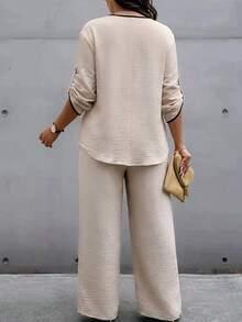 Weeklong Plus Size Beige V-Neck Top With Black Trim & Matching Wide Leg Pants Set, Casual Minimalist Style Fall - Apricot - View 2
