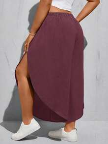 SHEIN Essnce Plus Size Black Elastic Waist High Slit Wide Leg Baggy Pants Summer - Redwood - View 2