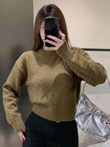 DAZY 女款純色圓領休閒百搭日常穿著長袖針織衫 - 棕色 - 查看 9