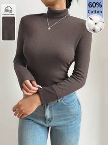 SHEIN BASICS 女款休閒純色立領T恤，秋冬款 - 摩卡棕 - 查看 6