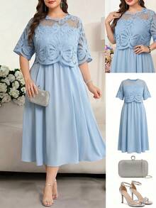Reflora Plus Size Elegant Party Solid Color Hollow-Out Patchwork Dress - Blue - View 4