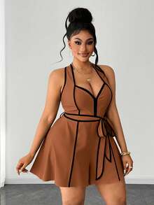Maweii Plus Size Women's Piped Waist Tie Casual Sleeveless Romper - Brown - View 3