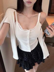DAZY 女款兩件套：對比蕾絲細肩帶上衣與短版長袖上衣，春/秋季 - 白色 - View 9