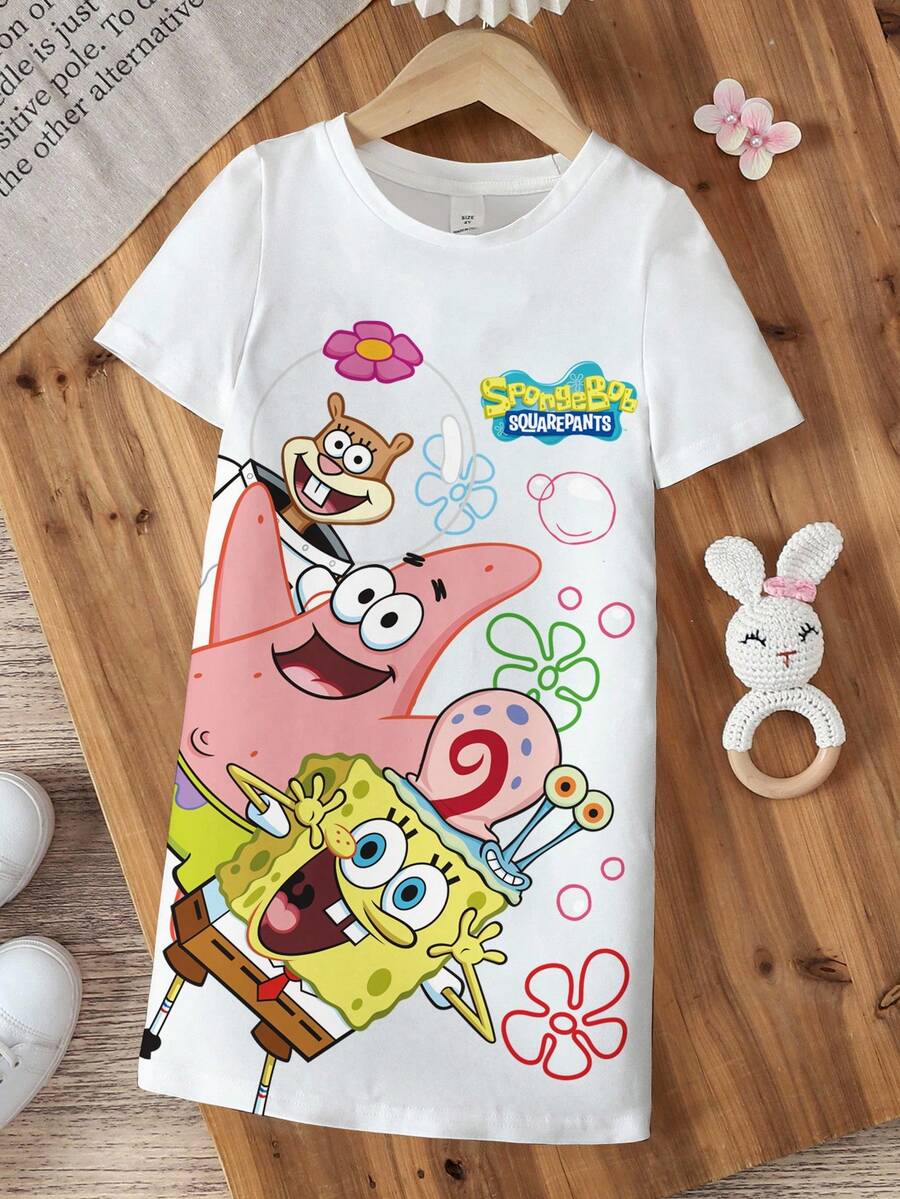 SpongeBob SquarePants | SHEIN 女童夏季休閒卡通印花洋裝 - 白色 - 查看 1