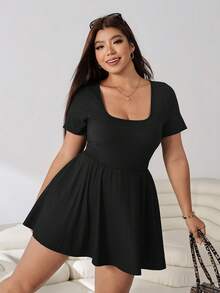 Solflare Plus Size Summer Casual Solid Color Short Sleeve Romper - Black - View 5