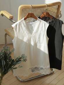 FRIFUL Women's Lace Trim Neckline Loose Linen Vacation Tank Top Summer - Black - View 1