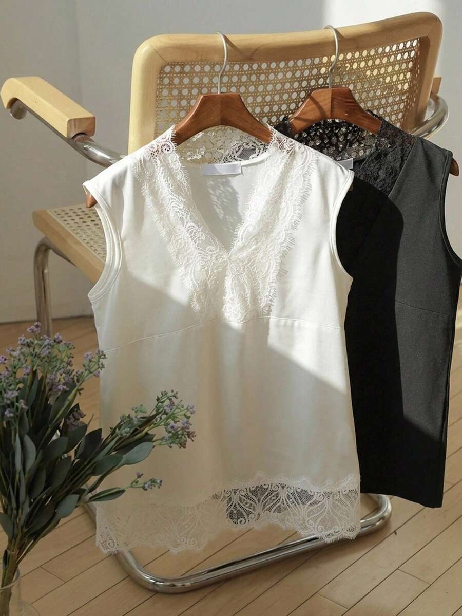 FRIFUL Women's Lace Trim Neckline Loose Linen Vacation Tank Top Summer - Black - View 1