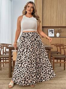 SHEIN CURVE+ 大尺碼豹紋開衩休閒裙 - 彩色 - 查看 7
