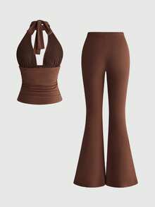 ROMWE Hippie Women's 2 Pieces Vintage Embroidered Knit Brown Halter Neck Set - Brown - View 2