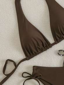 Swim Vcay Set Bikini Wanita Motif Cokelat dan Polkadot - Coffee Brown - View 3