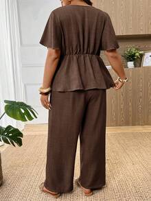 SHEIN Frenchy Plus Size Vacation Casual Elegant 3D Floral Decor Shirt Pants 2 Pieces Set Tea Party Chocolate Brown Summer - Brown - View 3