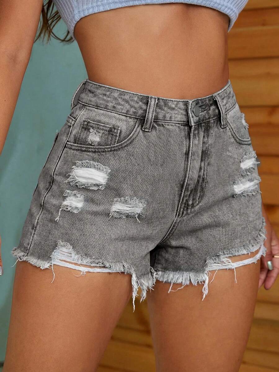 Jeanoix Celana Pendek Denim Distressed Gaya Grunge Kasual Musim Panas Ukuran Plus, Cocok untuk Acara Formal, Kencan Malam, Warna Abu-abu - Light Grey - View 1