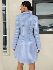 MaterniWear 女款秋季休閒藍色條紋前開鈕扣連身裙，適合上班與休閒穿著 - 藍色 - 查看 5