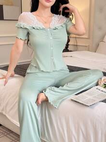 SHEIN 女士法式露肩蕾丝拼布短袖上衣和长裤睡衣套装 - 綠色 - 查看 3
