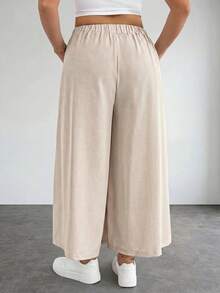 SHEIN PETITE CURVE 大码纯色简约休闲裤 - 卡其色 - 查看 3