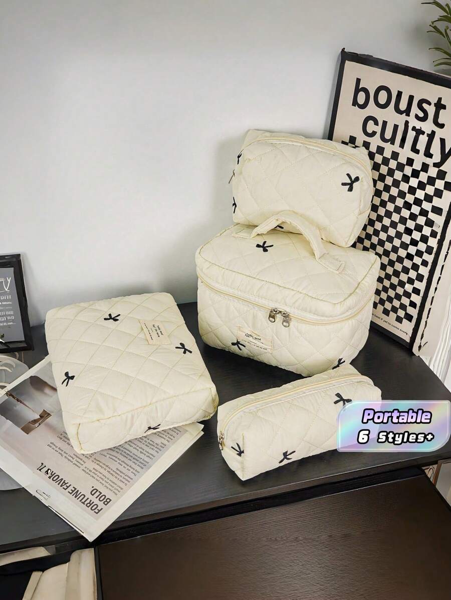 1Pc Quilted Bow Embroidered Cosmetic Bag, Lightweight Fluffy Zipper Travel Toiletry Pouch, Multi-Purpose Storage Case For Makeup, Tampons & Sanitary Pads, Portable Organizer For Daily School & Travel Use, Back To School Supplies - Beige - View 1