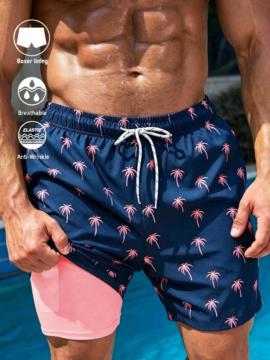 Manfinity KASUA Men's Vacation Palm Tree Print Drawstring Waist Double Layer Beach Shorts - Multicolor - View 1