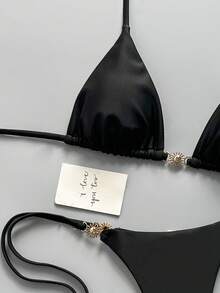 Swim Mod Women's Spring/Summer Solid Color Halter Tie Bikini Set With Metal Decor - Black - View 4